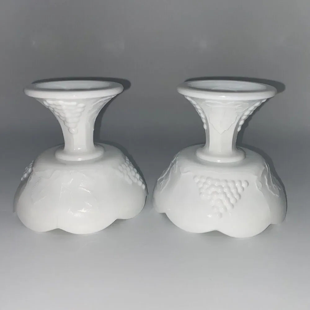 Pair of Vintage Indiana Colony Harvest Grape Milk Glass Pedestal Candle Holder